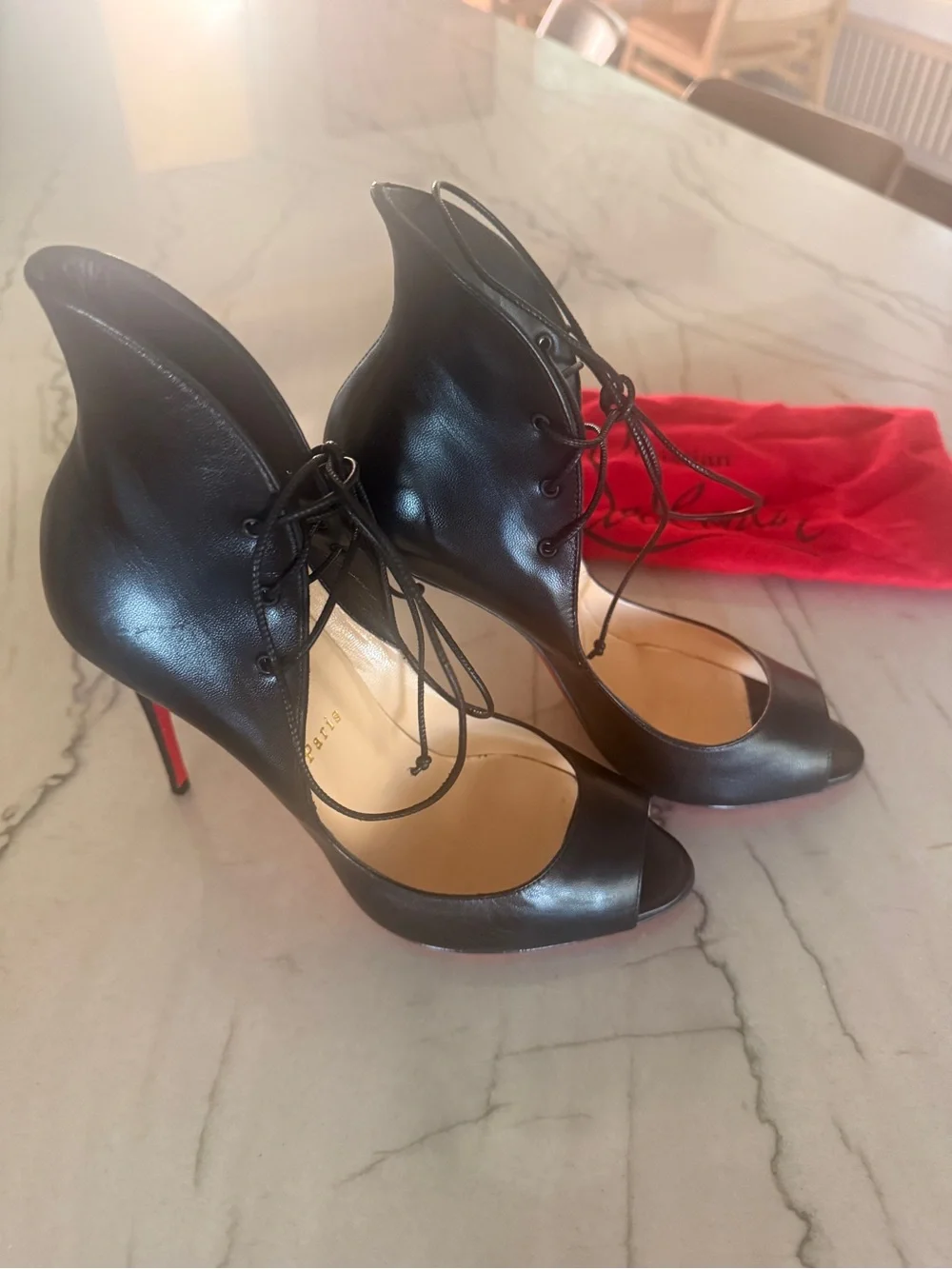 Christian Louboutin Black Lace-Up Peep-Toe Kid Megavamp 100 Pumps